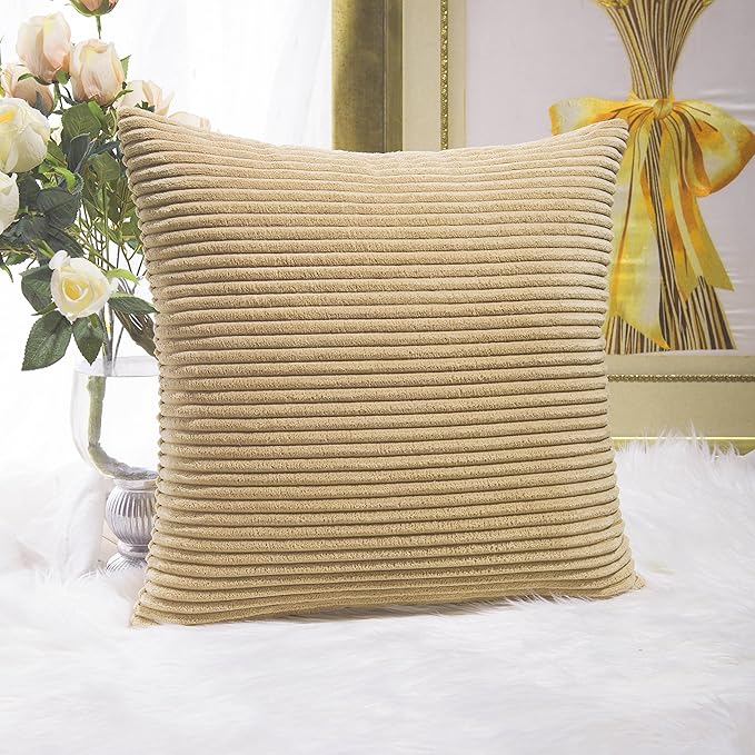 Home Brilliant 18x18 Throw Pillow Covers Decorative Set of 2 Soft Velvet Corduroy Striped Square Cushion Cover for Bench Couch Decor, 18 x 18 inch, Taupe