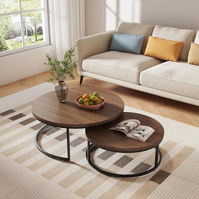 Round Nesting Coffee Table Set of 2, Modern Minimalist Accent Tables for Living Room, Bedroom, Office, Stackable Side Tables (Espresso)