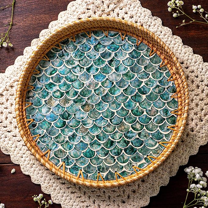 JUNGLE CULTURE Large Rattan Serving Tray 14" with Mother of Pearl Inlay • Coastal Boho Collection • Handcrafted Serving Tray with Handles • Round Woven Table Trays for Home • Wicker Basket – Cascade