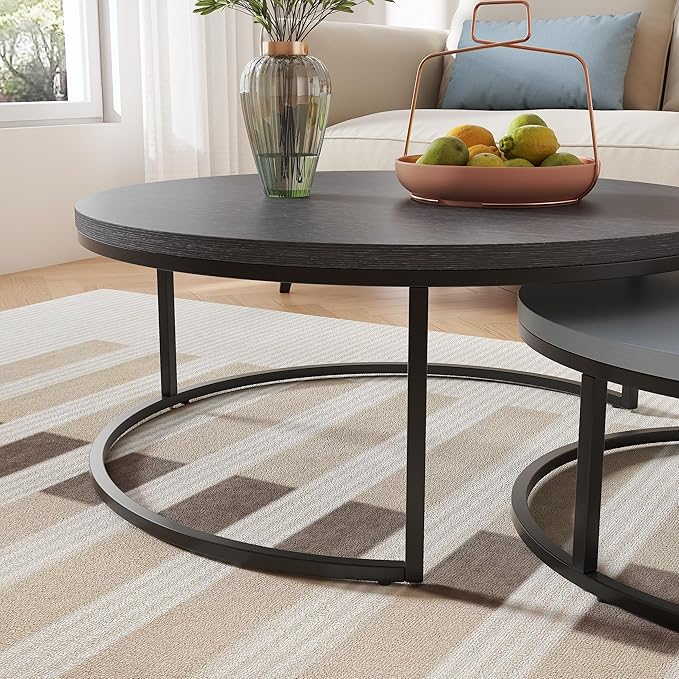 Round Nesting Coffee Table Set of 2, Modern Minimalist Accent Tables for Living Room, Bedroom, Office, Stackable Side Tables (Light & Dark Grey)