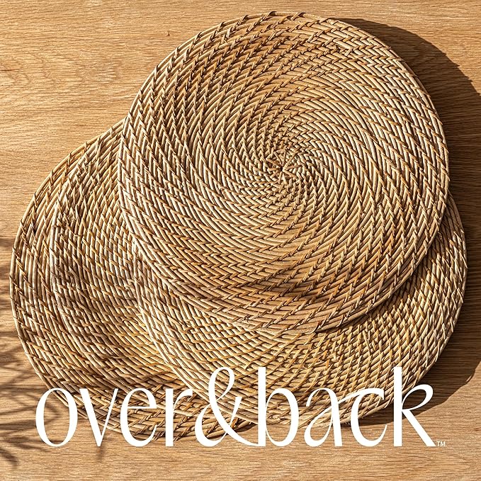 Over&Back Set of 2 Natural Rattan Round Placemats - Hand-Made Dining Table Charger/Mat - Made with Natural Fibers - Kitchen and Home Decor - 15" Diameter - Brown