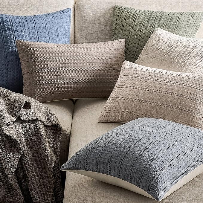ZeeMart 100% Cotton Waffle Textured Throw Pillow Covers Set of 2, 20x20 Inch Blue Ashes, Soft Farmhouse Decorative Couch Pillow Cases Dusty Blue Cushion Covers for Sofa Bed Living Room Home Decor