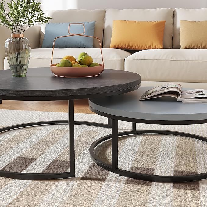 Round Nesting Coffee Table Set of 2, Modern Minimalist Accent Tables for Living Room, Bedroom, Office, Stackable Side Tables (Light & Dark Grey)