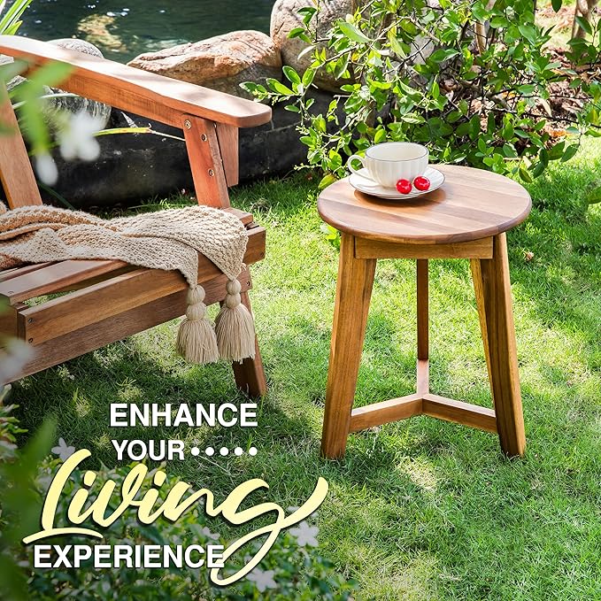 Round Side Table – Solid Acacia Wood End Table for Living Room or Bedroom – Natural Wood Finish, Compact Nightstand or Accent Table for Sofas & Beds (13x16x13 Inches)