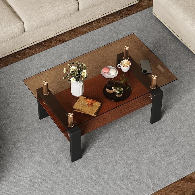 Modern Coffee Table with Tempered Glass Top, MDF Shelf and Metal Legs, Two-Tier Living Room Table, Sturdy Coffee Table for Small Spaces, Lounge, or Office (Brown+Black)