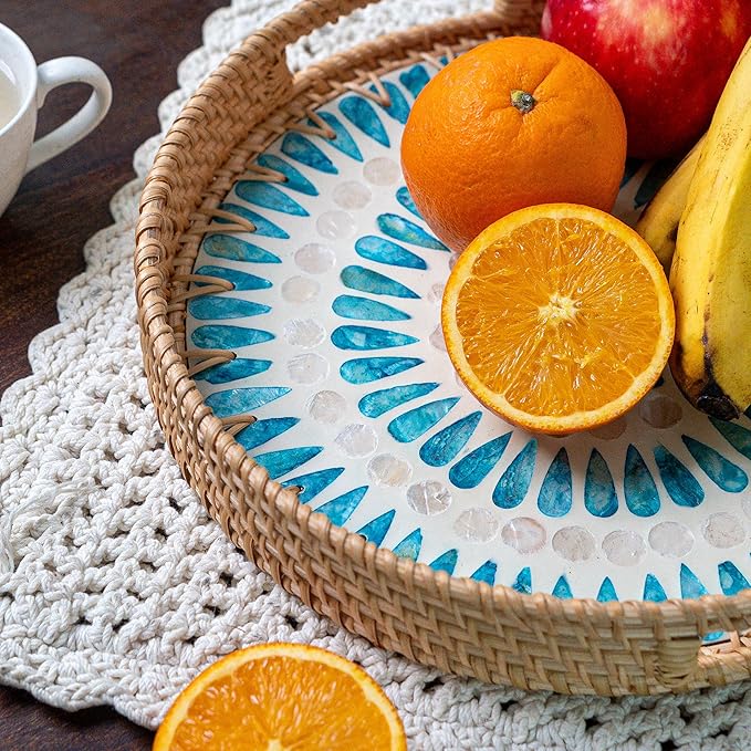 JUNGLE CULTURE Large Rattan Serving Tray 14" with Mother of Pearl Inlay • Coastal Boho Collection • Handcrafted Serving Tray with Handles • Round Woven Table Trays for Home • Wicker Basket – Ripple