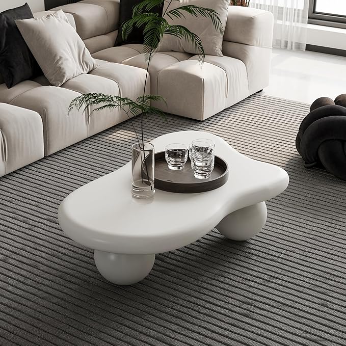 40" Irregular Cloud Coffee Table Asymmetrical Tea Table Low Coffee Table Unique Center Tables with 3 Ball Legs for Living Room Office Apartment Modern Furniture Cream White