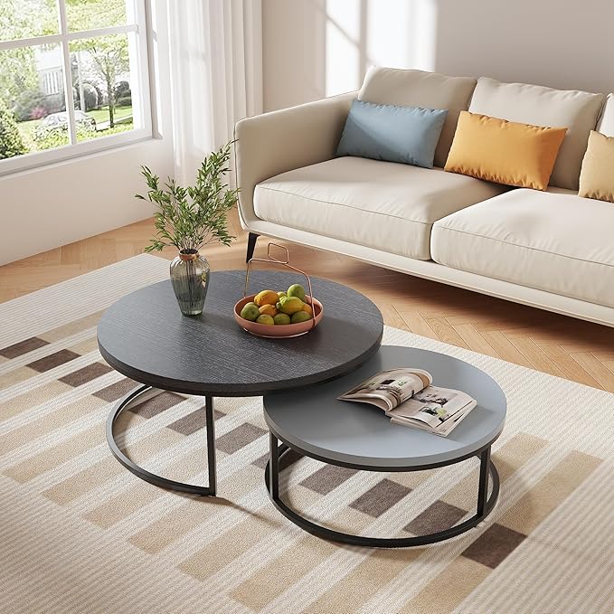 Round Nesting Coffee Table Set of 2, Modern Minimalist Accent Tables for Living Room, Bedroom, Office, Stackable Side Tables (Light & Dark Grey)