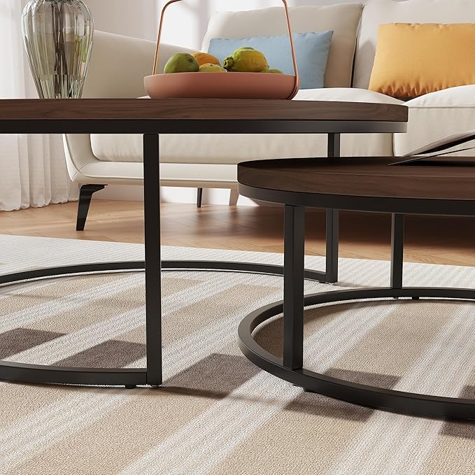 Round Nesting Coffee Table Set of 2, Modern Minimalist Accent Tables for Living Room, Bedroom, Office, Stackable Side Tables (Espresso)