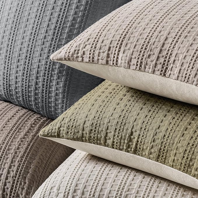 ZeeMart 100% Cotton Waffle Textured Throw Pillow Covers Set of 2, 22x22 Inch Taupe, Soft Farmhouse Decorative Couch Pillow Cases Light Brown Cushion Covers for Sofa Bed Living Room Home Decor