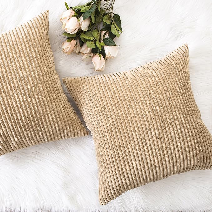 Home Brilliant 18x18 Throw Pillow Covers Decorative Set of 2 Soft Velvet Corduroy Striped Square Cushion Cover for Bench Couch Decor, 18 x 18 inch, Taupe