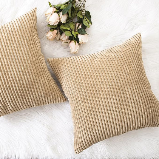 Home Brilliant 18x18 Throw Pillow Covers Decorative Set of 2 Soft Velvet Corduroy Striped Square Cushion Cover for Bench Couch Decor, 18 x 18 inch, Taupe