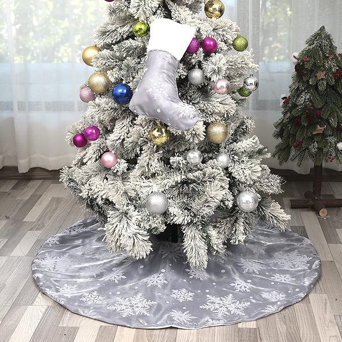 Flash World 36 Inch Large Christmas Tree Skirt Xmas Soft Cover Mat Decor Snowflake Collar Farmhouse Tree Skirt for Holiday Ornaments Party Home Indoor Decorations (Flocking Grey, 48INCH)