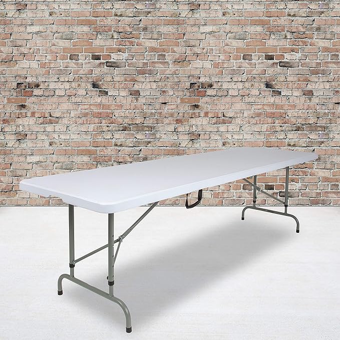 EMMA + OLIVER 8' Height-Adjustable Rectangular Bi-Fold Plastic Folding Table, Long Plastic Foldable Table for Residential Indoor/Outdoor Events, White