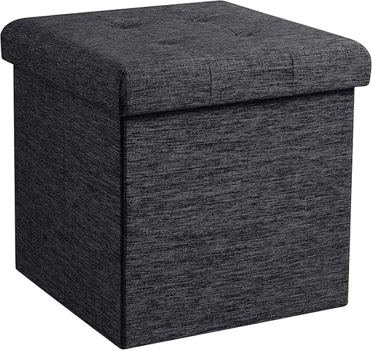 Ornavo Home Foldable Tufted Linen Storage Ottoman Square Cube Foot Rest Stool/Seat - 15" x 15" x 15" (Black)