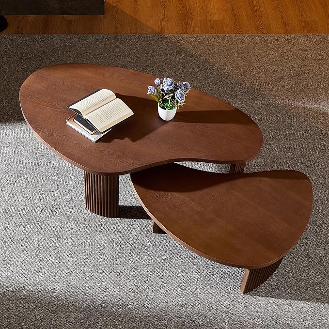 Modern Nesting Coffee Table Set of 2 for Living Room,Irregular Shape End Side Tables for Office,Easy Assembly,Walnut