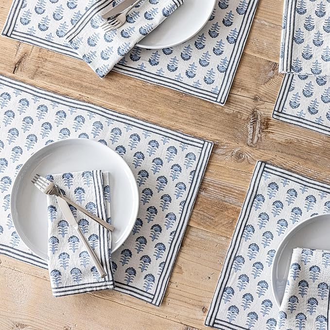 Over&Back Set of 4 Hand-Blocked Placemats - Colorful Dining Table Mat - Each Placemat is Unique - 100% Cotton - Machine Washable - Kitchen and Home Decor - Blue Flower