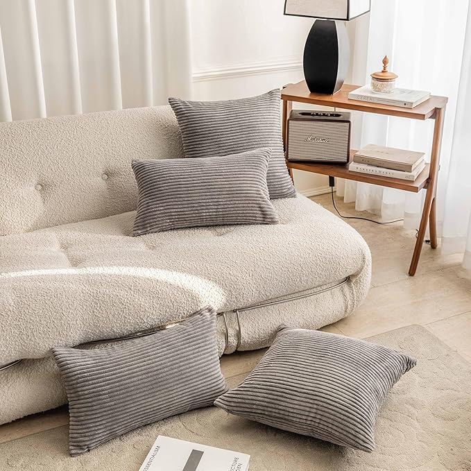 Home Brilliant Throw Pillow Covers 26x26 Euro Sham Covers Super Soft Striped Corduroy Decorative for Couch Bench Sofa Bedroom Patio Furniture, Set of 2, 26 x 26 inch, Ash Grey
