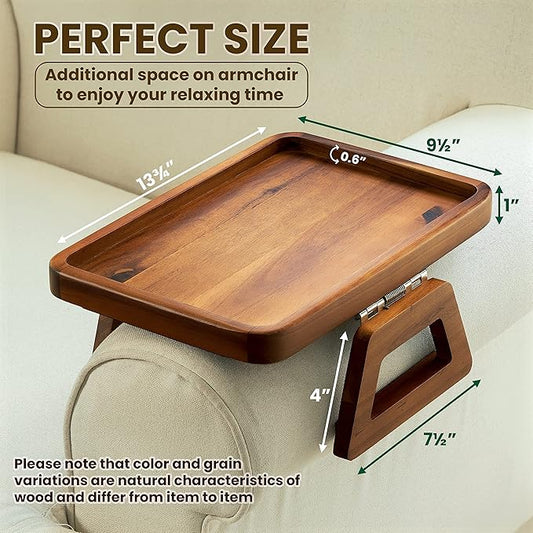 Tinamo Acacia Couch Arm Table - Wooden Sofa Armrest Tray - Clip-on Tray for Wide Couch - Side Table for Eating & Drink (Acacia)